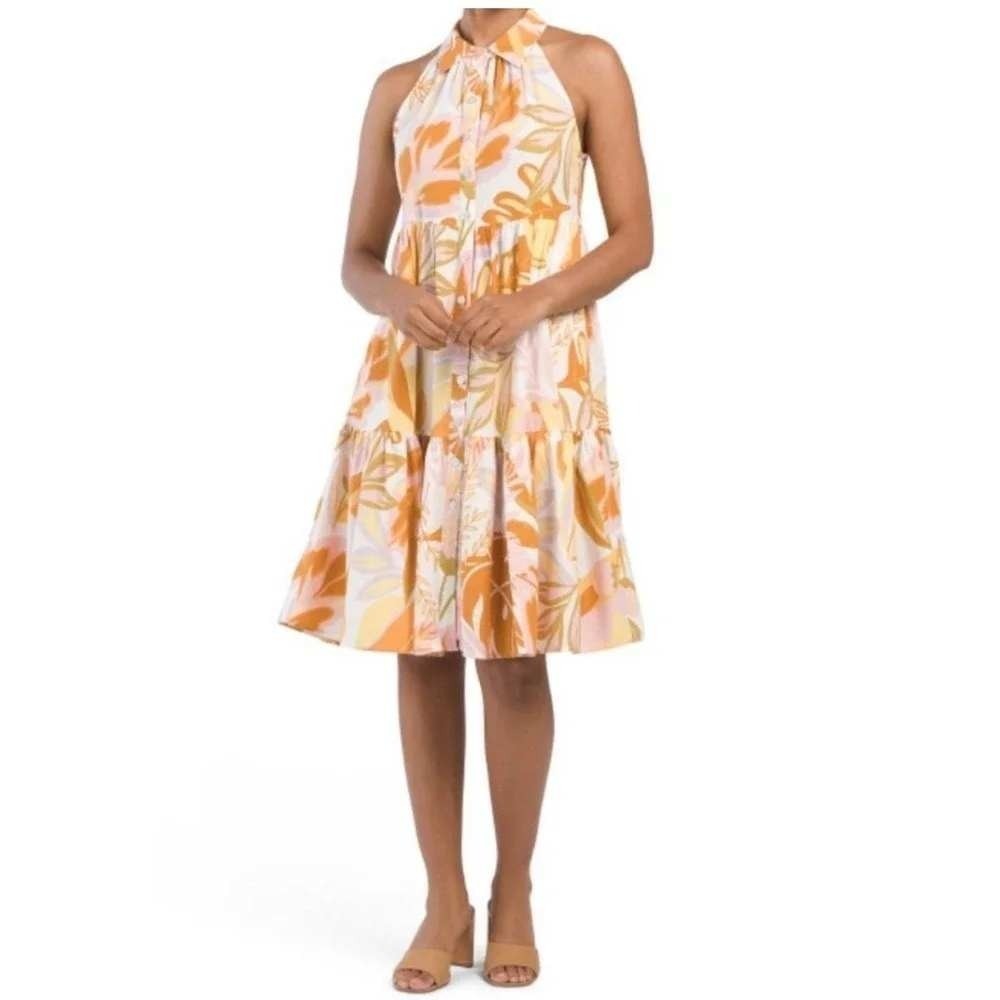 Nicole Miller New York Womens Linen Blend Tropical Halter Tiered Dress Small